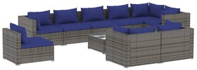 Set Divani da Giardino 10 pz con Cuscini in Polyrattan Grigio