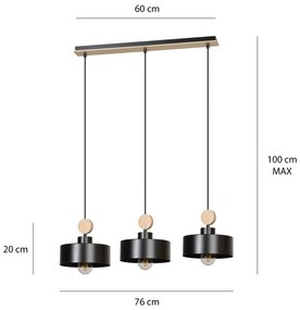 Lampadario 3 Luci Tuniso In Acciaio Nero E Paralumi Con Legno Naturale