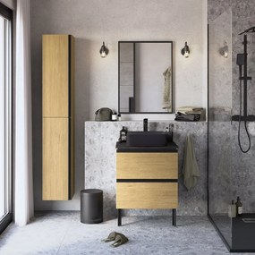 Mobile da bagno Studio composto da base porta lavabo 2 cassetti rovere cannettato L 60 X H 58 X P 48,1 cm, top effetto pietra e lavabo d'appoggio rettangolare nero opaco.
