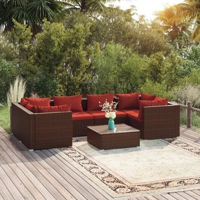 Set Divani da Giardino 7 pz con Cuscini in Polyrattan Marrone