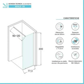 Parete doccia walk-in 77,3 cm cristallo trasparente 6mm profilo bianco Klug