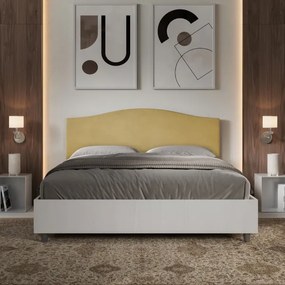 Letto contenitore da 160x190 in legno bianco e testata in microfibra ocra Grace