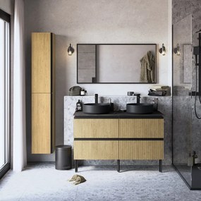 Mobile da bagno Studio composto da base porta lavabo 2 cassetti rovere cannettato L 120 X H 58 X P 48,1 cm, top effetto pietra e lavabo d'appoggio tondo nero opaco.