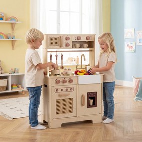 Costway Cucina bambini in legno cucina giocattolo con effetti sonori e luci, Cucina giocattolo set da gioco di chef con 15 accessori Giallo