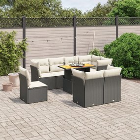 Set divani da giardino 9 pz con cuscini nero in polyrattan