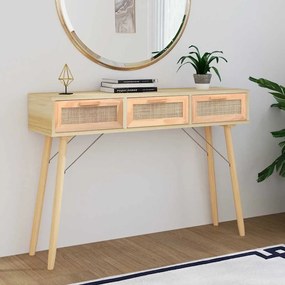 Tavolo Consolle Marrone 105x30x75 Massello Pino Rattan Naturale /