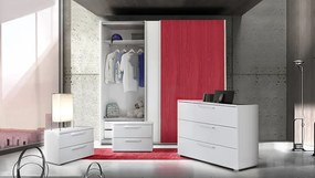 Set zona notte con Armadio Vertigo, Comò e Coppia Comodini, Bianco opaco e Rosso
