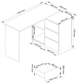 Scrivania Angolare 124 Cm Destra 3 Cassetti Rovere Effetto Legno Artika