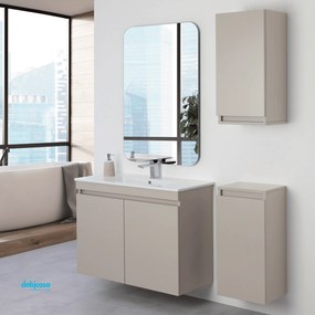 Mobile Bagno Sospeso "Pastello" Da 80 Cm Composto Da Due Ante Lavabo E Specchio Finitura Tortora