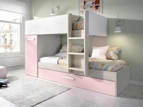 Letto a castello con cassetto letto a scomparsa e contenitori 3 x 90 x 190 cm Bianco, Naturale e Rosa - ANTHONY
