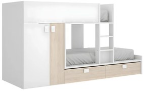 Letto a castello 2 x 90 x 190 cm - Armadio integrato - Bianco e Naturale - JUANITO