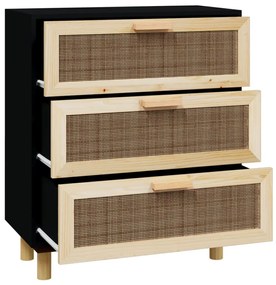 Credenza nera 60x30x70 cm legno massello pino e rattan naturale