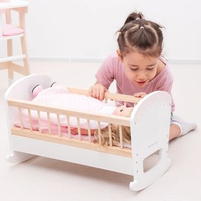 Culla per bambole in legno con materasso, coperta e cuscino