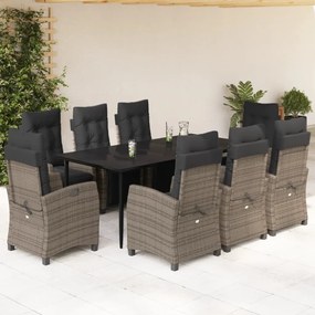 Set da pranzo da giardino 9 pz con cuscini in polyrattan grigio