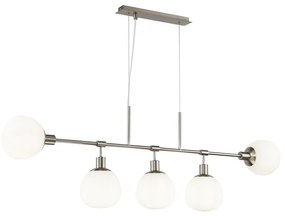 Lampadario Sospensione Erich Metallo Nichel 5 Luci E Diffusori Bianchi