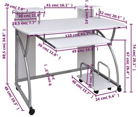 Scrivania da computer bianca 110x52x88,5 cm legno multistrato