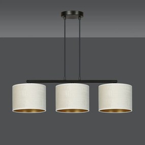 Lampadario 3 Luci Ganesha In Acciaio Nero E Paralumi In Tessuto Beige