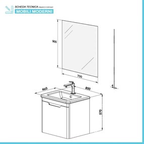 Mobile bagno sospeso 80 cm bianco lucido con specchio 70x90 Stillo