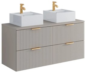 Mobile per bagno sospeso con scanalature e lavabo doppio da appoggio quadrato L120 cm Beige - ZEVARA