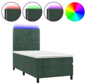 Letto a molle con materasso e led verde scuro 100x200cm velluto