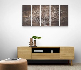 Quadri 5 pezzi – Corona dell'albero su sfondo di legno