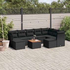 Set divani da giardino 10pz con cuscini in polyrattan nero