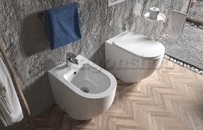 Linea Zeta coppia sanitari vaso rimless e bidet a pavimento filo parete con sedile rallentato bianco lucido