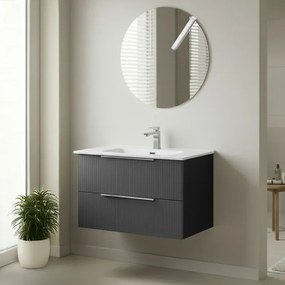 Mobile bagno sospeso 80 cm bicolore grigio cannettato e nero con lavabo e specchio tondo Zena