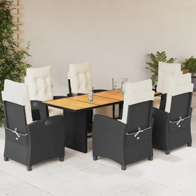 Set da pranzo da giardino 7 pz nero con cuscini in polyrattan