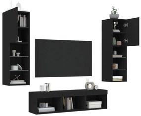 Mobili tv a muro con led 5pz neri in legno multistrato