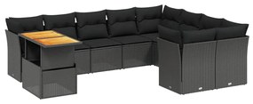 Set Divani da Giardino 10pz con Cuscini in Polyrattan Nero