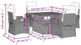 Set da Pranzo da Giardino 5 pz Nero con Cuscini in Polyrattan