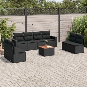 Set divani da giardino 9 pz con cuscini nero in polyrattan