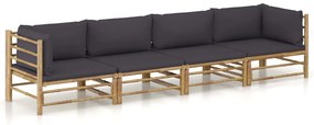 Set divani da giardino 4 pz con cuscini grigio scuro in bambù