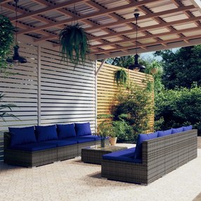 Set Divani da Giardino 9 pz con Cuscini in Polyrattan Grigio