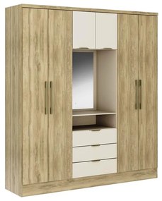 Armadio 6 ante e 3 cassetti + Specchio L180 cm Naturale e Beige - ELORIO