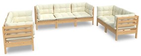 Set divani da giardino 7 pz con cuscini crema in massello di pino