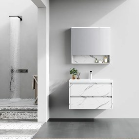 Kamalu - Mobile bagno sospeso 80 cm finitura marmo e specchio contenitore | KAM-VV80
