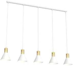 Lampadario 5 Luci Heimdall In Acciaio Bianco E Paralumi Conici Bianco E Oro