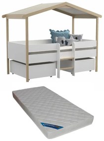 SALDI -  Letto a capanna con cassetti + Materasso 90 x 190 cm Tiglio Bianco e Rovere - SAROSI