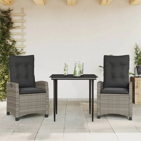 Set da pranzo da giardino 3 pz con cuscini in polyrattan grigio