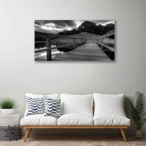 Foto quadro su tela Molo del lago in bianco e nero 100x50 cm