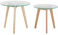 Set di 2 tavolini a nido tondi trasparenti con piano in vetro 3 gambe in legno chiaro minimalista scandinavo