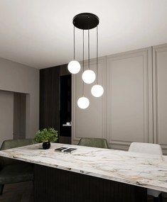 Sospensione Contemporanea Royal 4 Luci In Acciaio Nero/Oro Sfere Vetro Bianco