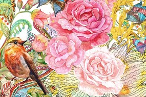 Quadro su tela – Uccellino vintage con fiori