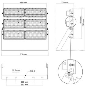 Faro Modulare LED 1.200W IP66, 167lm/W Dimmerabile DALI - INVENTRONICS Colore Bianco Freddo 5.000K, Scegli l'angolo di illuminazione 30°, Scegli le staffe dei moduli Fisse