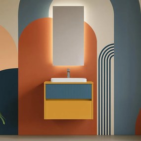 Mobile bagno sospeso con lavabo Niwa 2 cassetti per vasca centrale laccato opaco senape con vetro blu pacifico cannettato