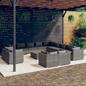 Set Divani da Giardino 14 pz con Cuscini in Polyrattan Grigio