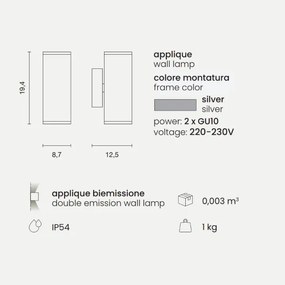 Applique NEVADA 9x12 cm per esterni in alluminio Silver con diffusore in vetro