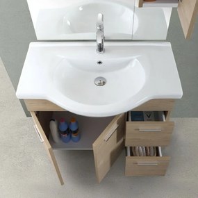 Mobile bagno a terra 85 cm rovere dolomite con pensile su specchio LED Desya